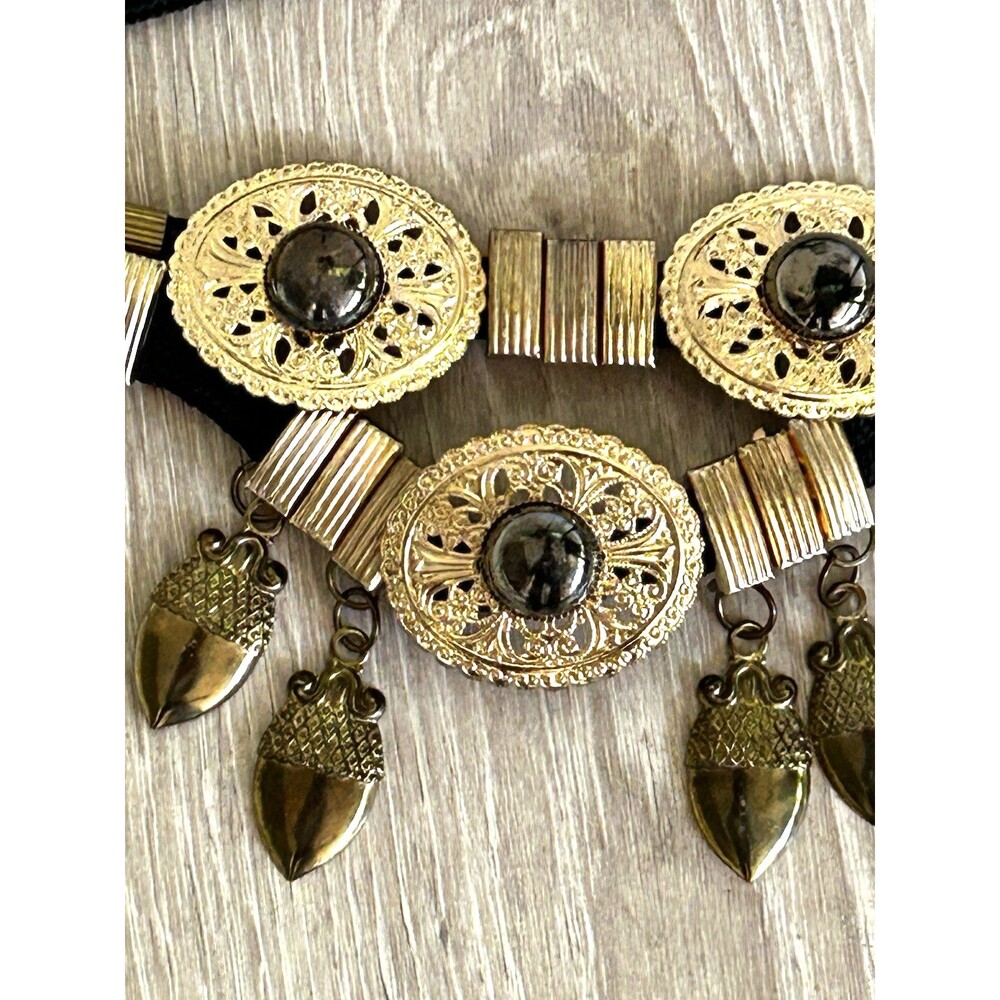 Boho Statement Belt Gold Metallic Concho Medallion Festival One Size Acorn Charm - Picture 6 of 8